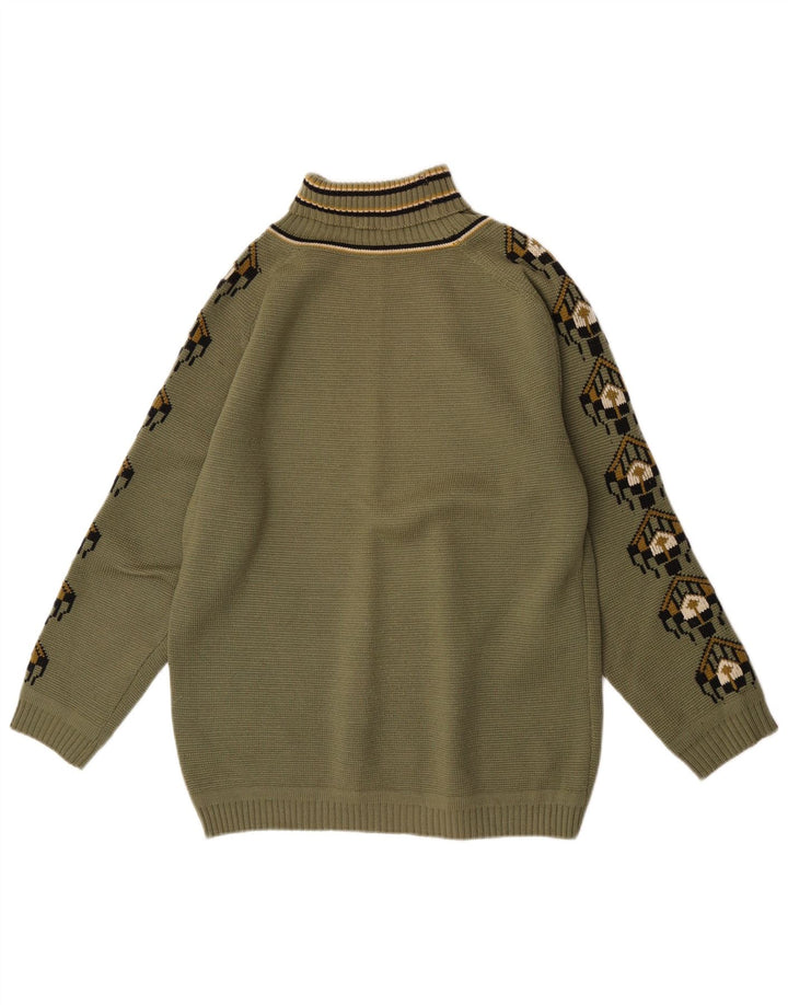 Vintage Dame Rullehals Sweater IT 52 XL Khaki Geometrisk Uld