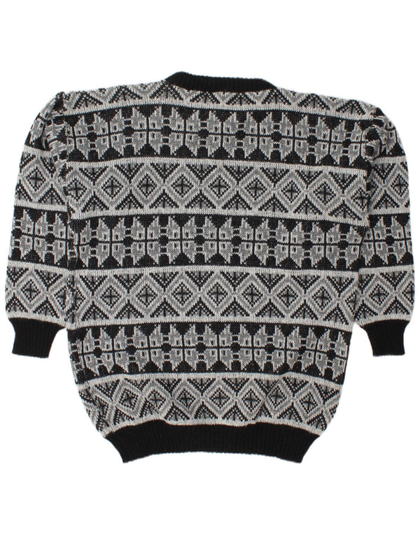 Vintage Herre Loose Fit Boat Neck Jumper Sweater Medium Sort Geometrisk Uld