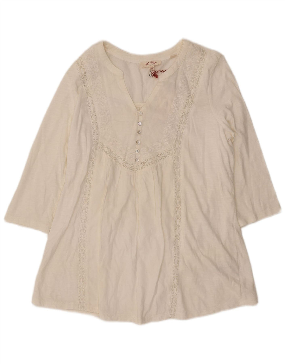 Fat Face Dame 3/4 ærmet bluse Top UK 12 Medium White Bomuld