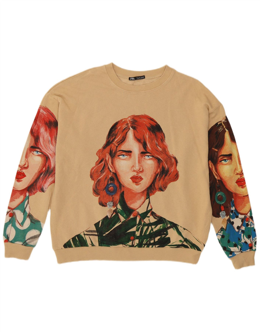 Zara Womens Abstrakt mønster Sweatshirt Jumper UK 16 Stor Beige Bomuld