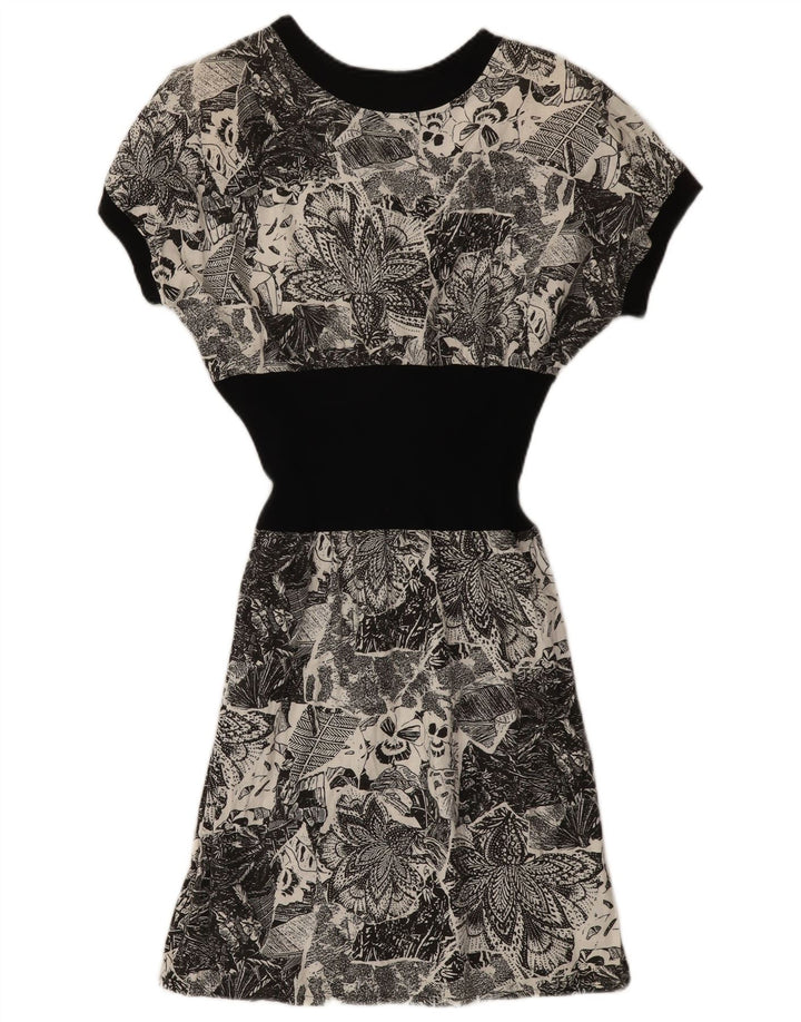 Vintage Kvinder A-Line Kjole UK 12 Medium Grey Floral