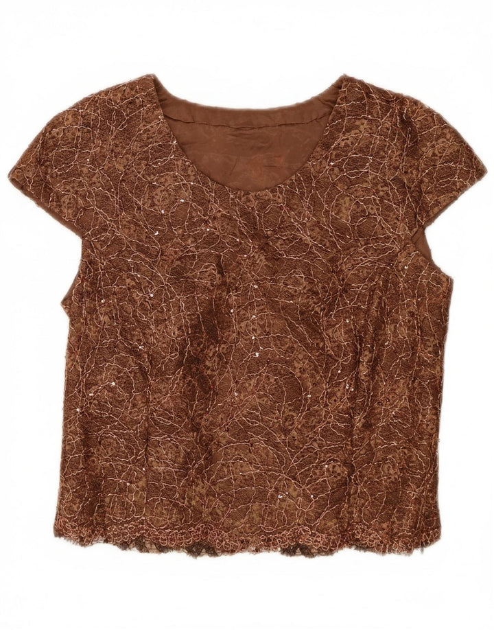 VINTAGE Womens Abstract Pattern Crop Blouse Top UK 14 Medium Brown Vintage Vintage and Second-Hand Vintage from Messina Hembry 