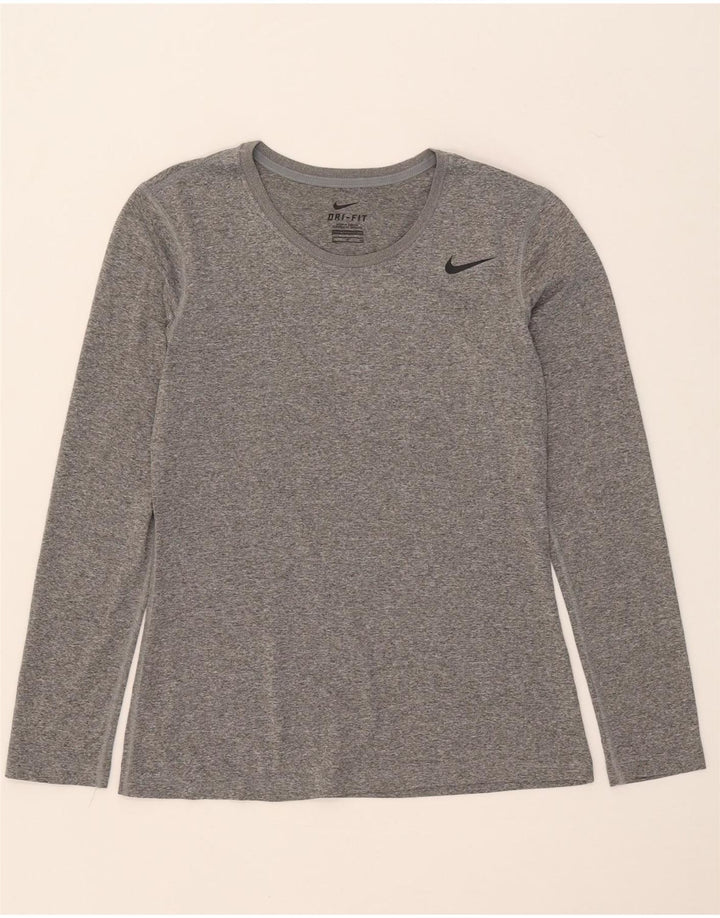 NIKE Dame Dri Fit Top Langærmet UK 10 Small Grå Flecked Polyester