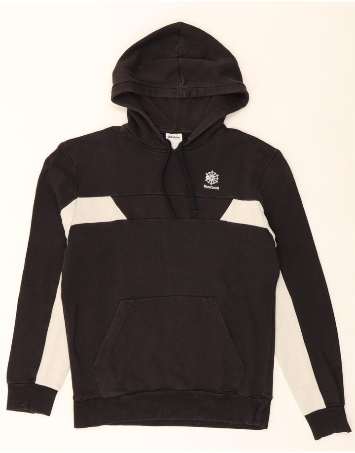 REEBOK Mens Hoodie Jumper Small Black Colourblock Cotton Vintage Reebok and Second-Hand Reebok from Messina Hembry 