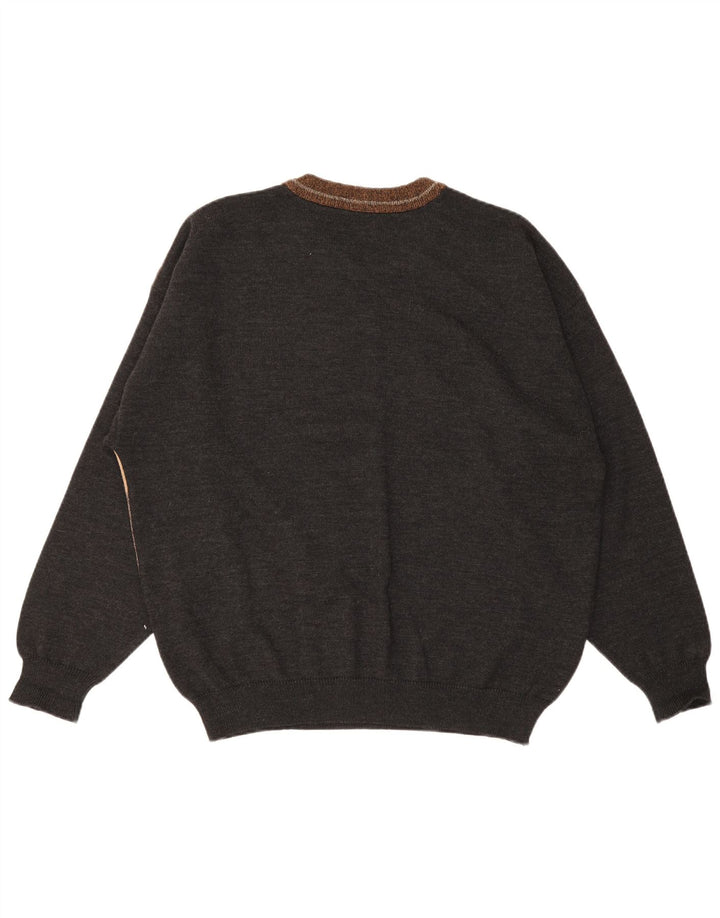 Vintage herre sweater med rund hals XL flerfarvet Colourblock Uld