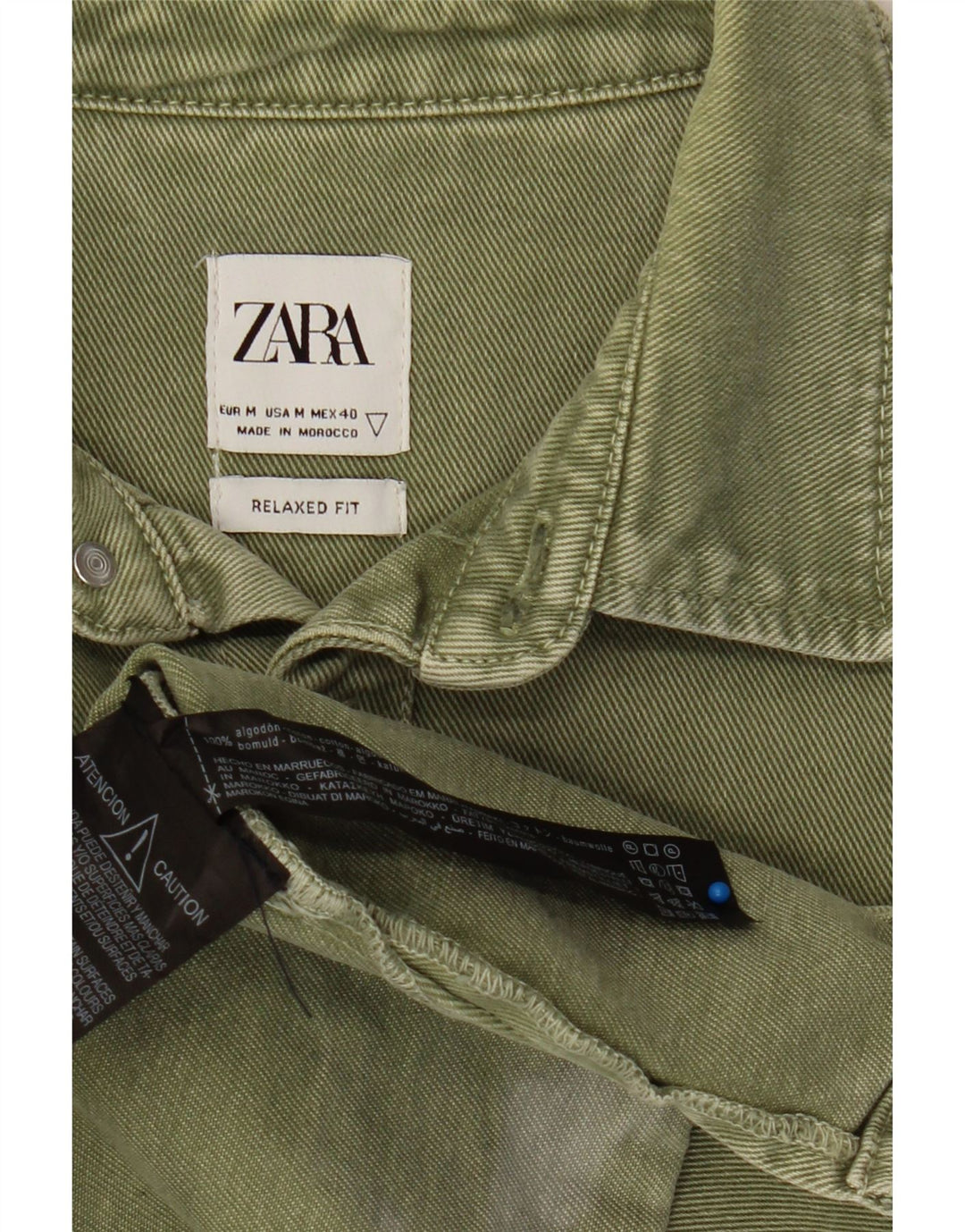 ZARA Herre Relaxed Fit Denim Shirt Medium Green Bomuld