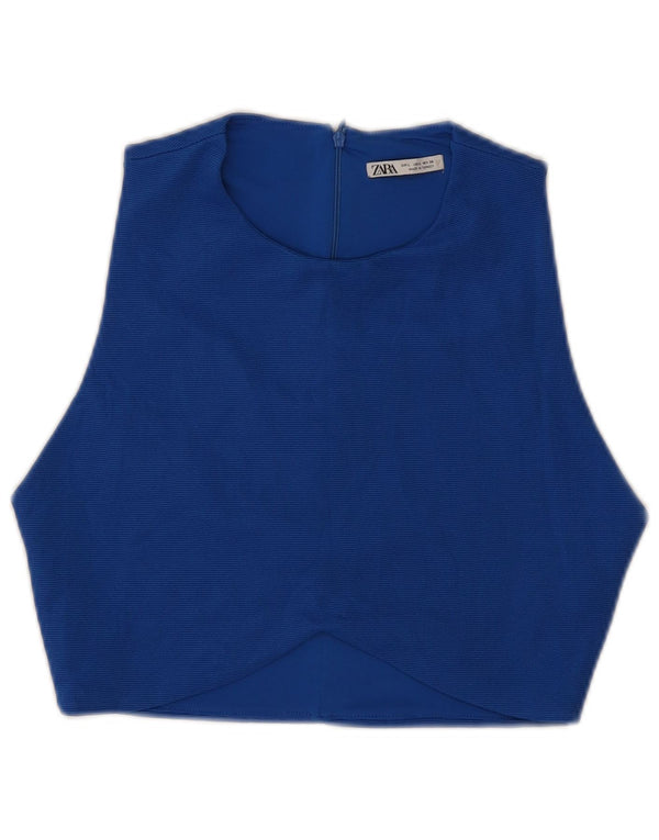 Zara Womens Crop Ærmeløs bluse Top UK 14 Large Blue Polyester