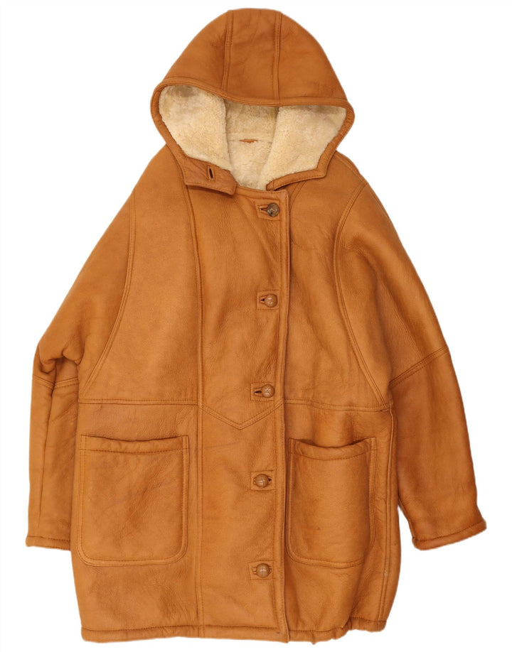 Vintage Dame Oversized Hætte Shearling jakke EU 40 Medium Beige Læder