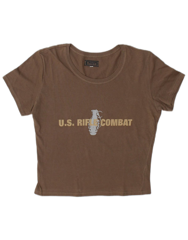 Rifle Dame Crop Grafisk T-Shirt Top UK 16 Stor Brun Bomuld