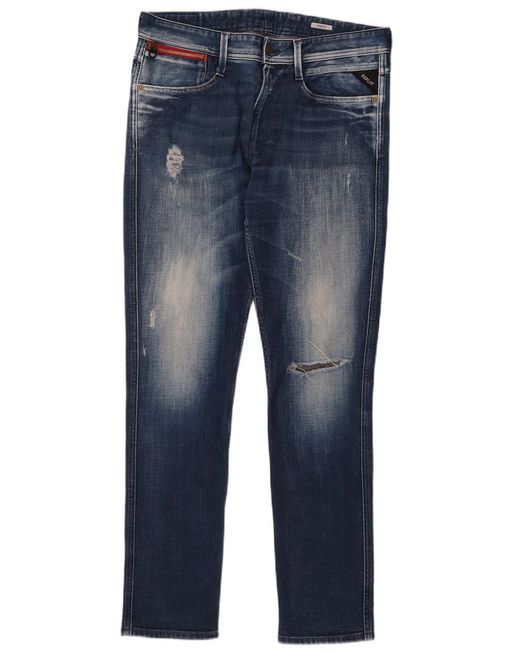 Replay Dame Anbass Distressed Slim Jeans W33 L30 Blå