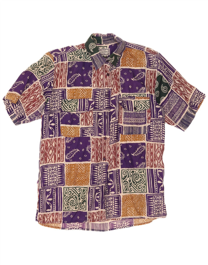 Vintage kortærmet skjorte til kvinder UK 14 Stor flerfarvet patchwork silke