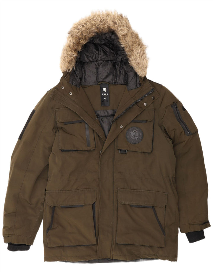 Smog Herre Hooded Parka Jacket UK 42 XL Khaki Polyester