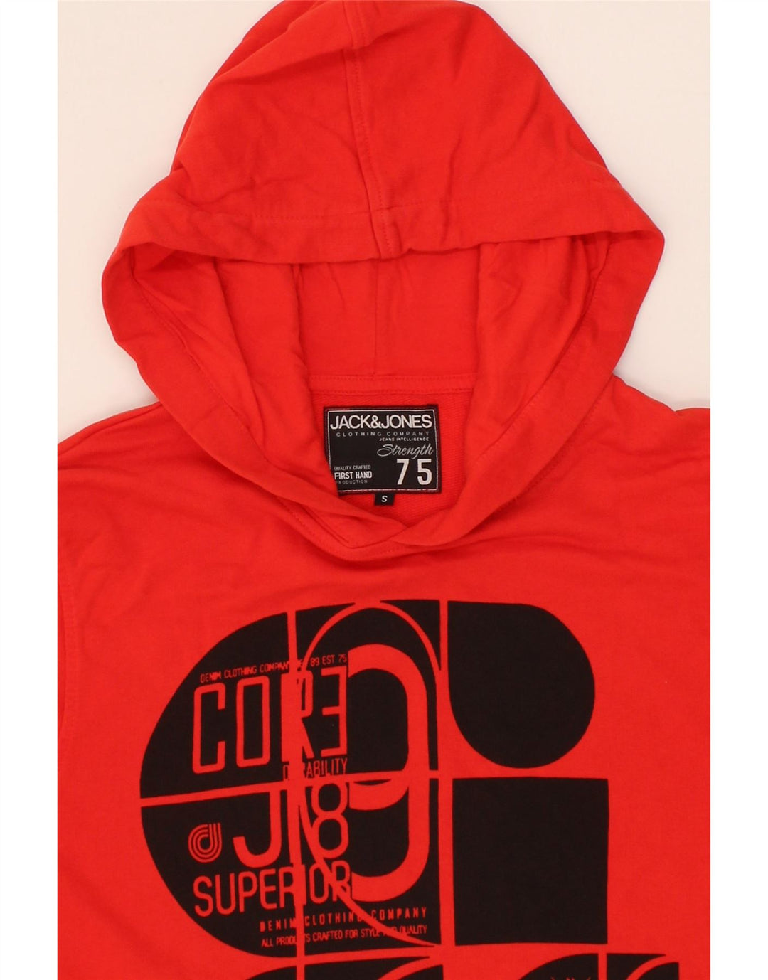 JACK & JONES Mens Graphic Hoodie Jumper Small Red Cotton Vintage Jack & Jones and Second-Hand Jack & Jones from Messina Hembry 