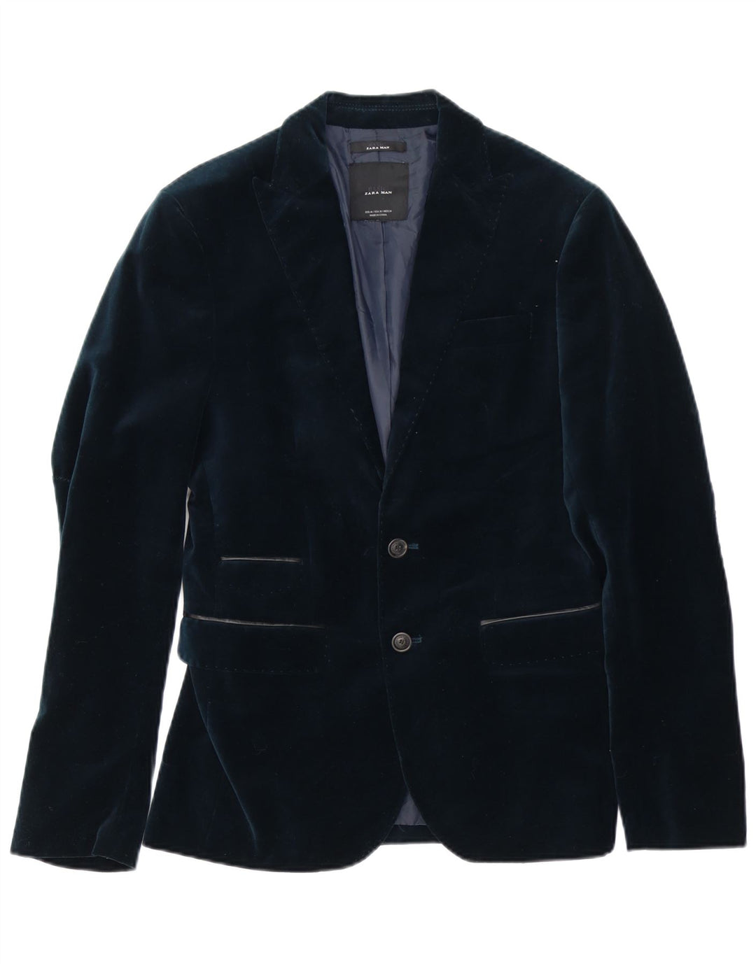 Zara Herre 2-knaps Velour Blazer Jacket EU 46 Small Navy Blue Polyester
