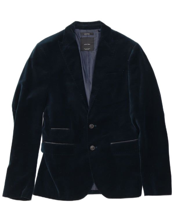 Zara Herre 2-knaps Velour Blazer Jacket EU 46 Small Navy Blue Polyester