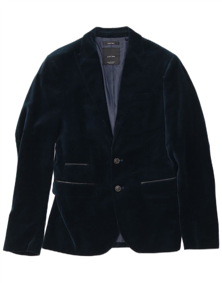 Zara Herre 2-knaps Velour Blazer Jacket EU 46 Small Navy Blue Polyester