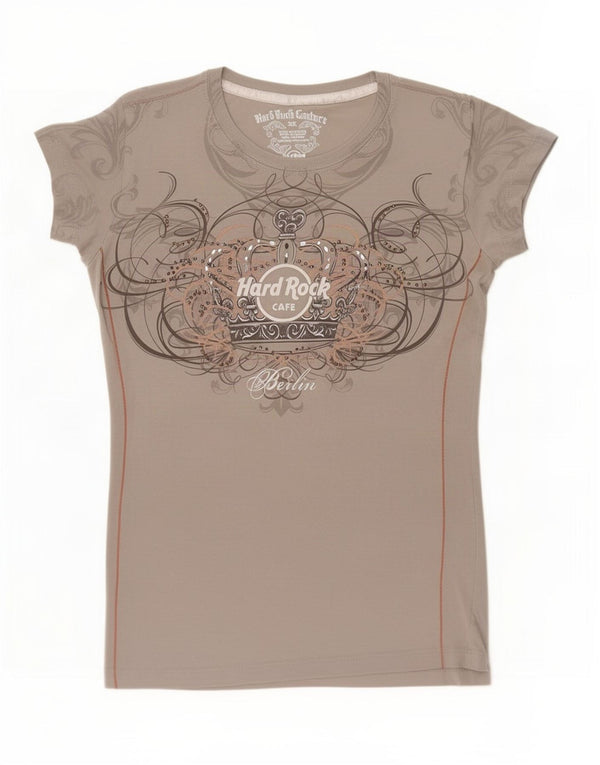 Hard Rock Cafe Dame Berlin Grafisk T-Shirt Top UK 6 XS Grå Bomuld