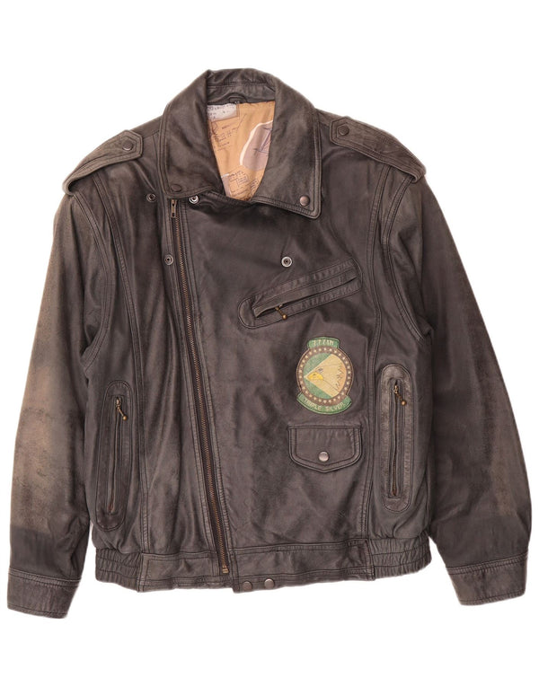 Vintage Herre Military Graphic Læderjakke IT 50 Large Black