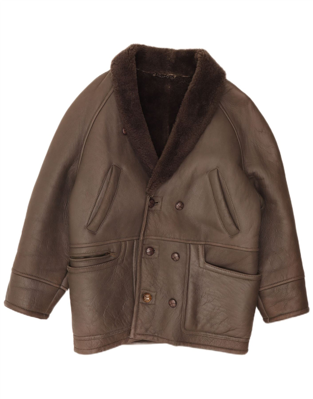 Vintage herre dobbeltradet shearling jakke IT 50 stort brunt læder