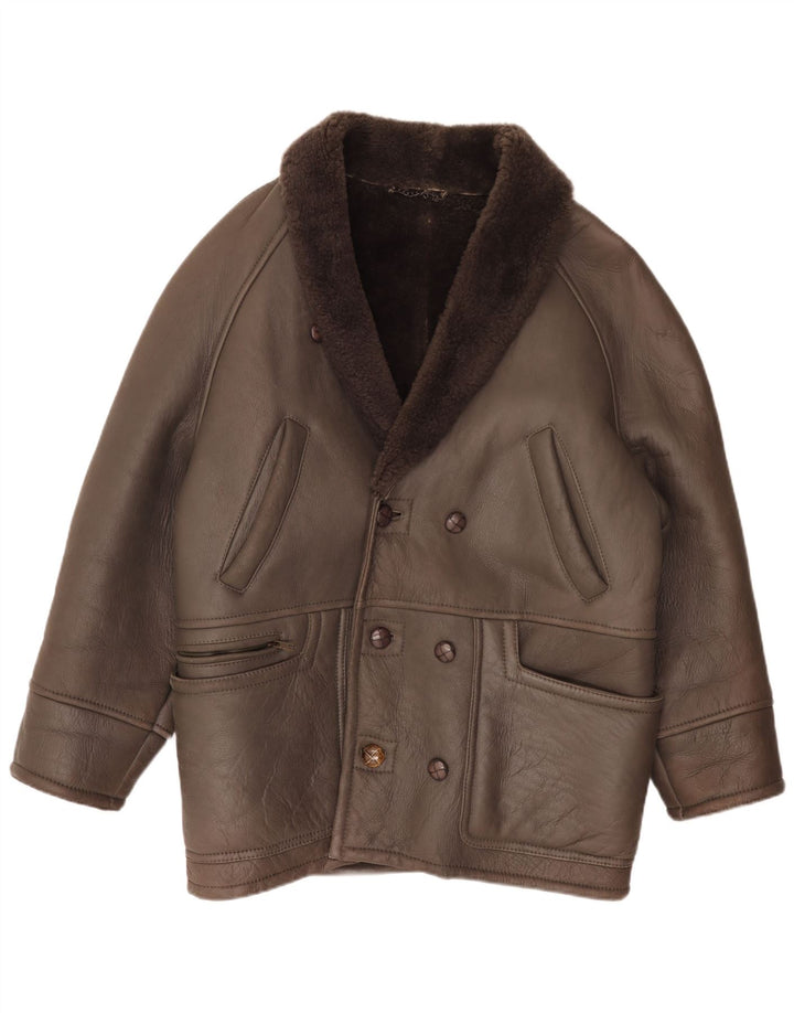 Vintage herre dobbeltradet shearling jakke IT 50 stort brunt læder