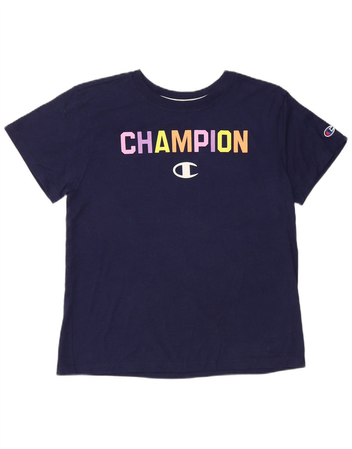 CHAMPION Dame Crop Grafisk T-Shirt Top UK 14 Mellem marineblå bomuld