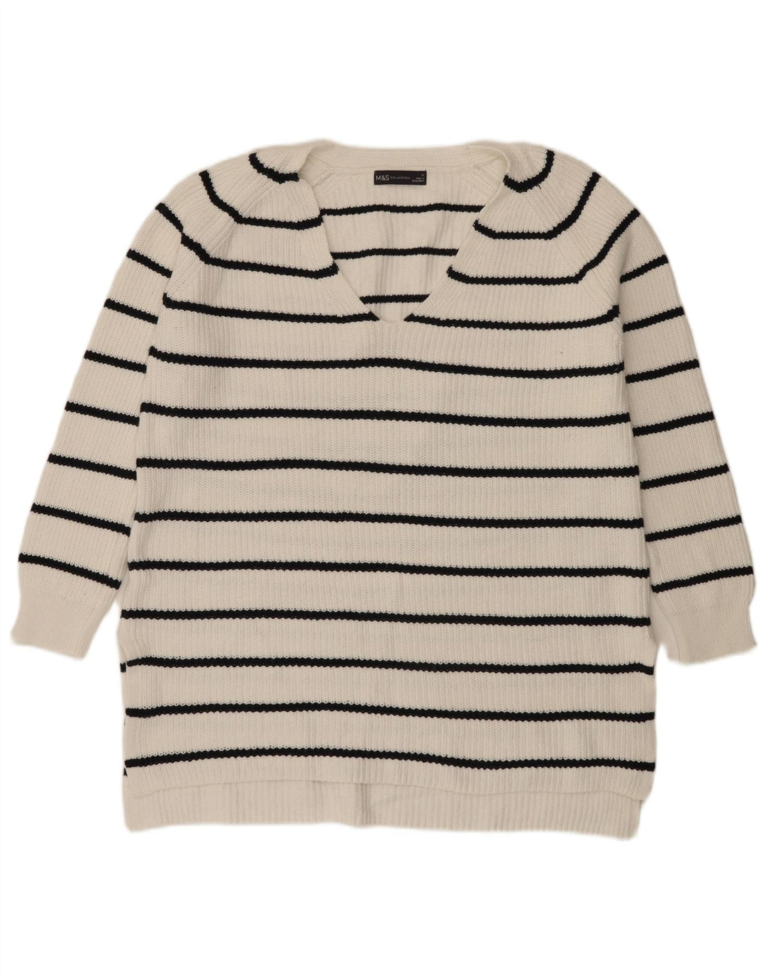 Marks & Spencer Dame V-hals sweater UK 14 Mellem hvid stribet