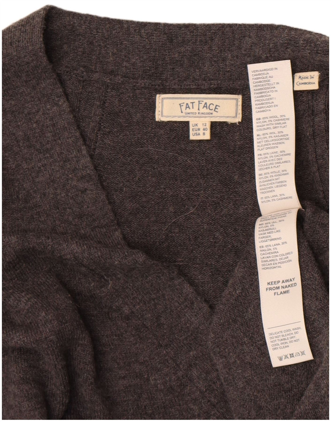 Fat Face Dame Oversized V-hals sweater UK 12 Medium Grey Uld