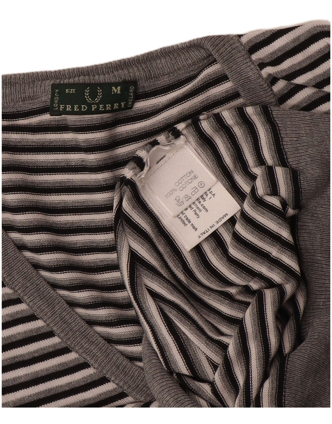 Fred Perry Dame V-hals sweater UK 14 Mellem grå stribet bomuld