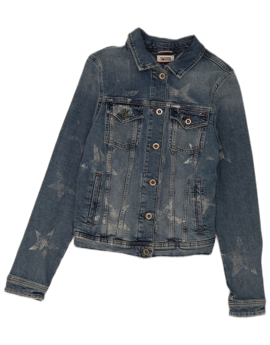 TOMMY HILFIGER Womens Crop Denim Jacket UK 10 Small Blue Geometric Cotton