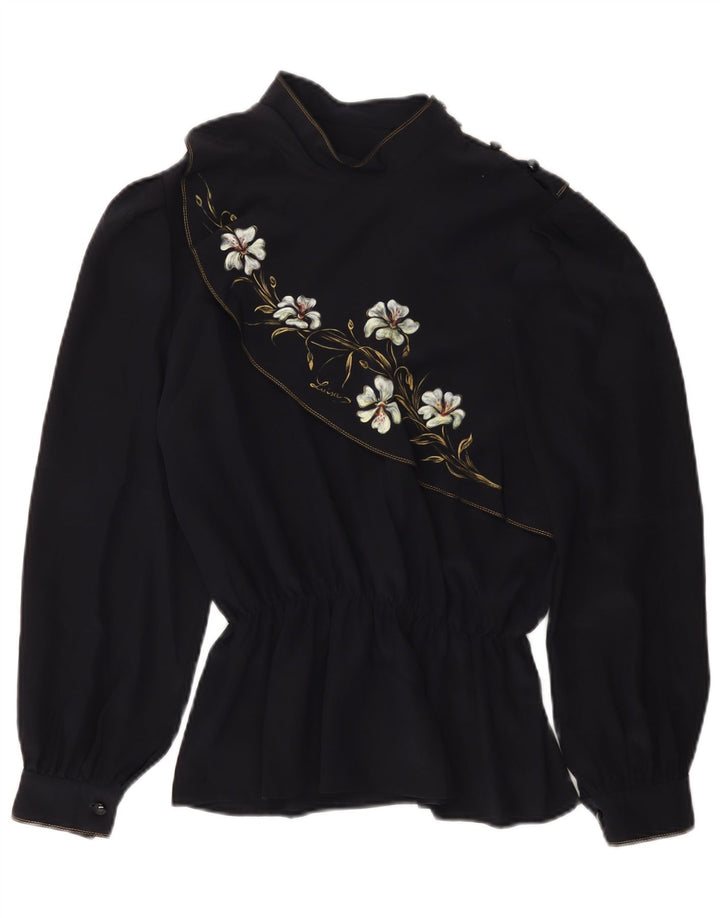 Vintage Dame Langærmet Bluse Top UK 14 Medium Navy Blue Floral