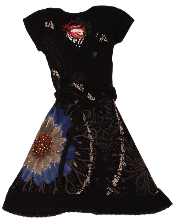 Desigual Kvinders Graphic A-Line Kjole UK 12 Medium Black Floral Viscose