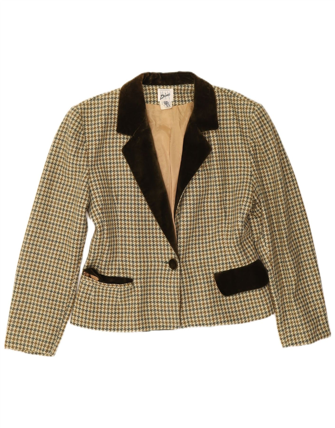 Vintage blazerjakke til kvinder med 1 knap EU 38 Medium Beige Houndstooth
