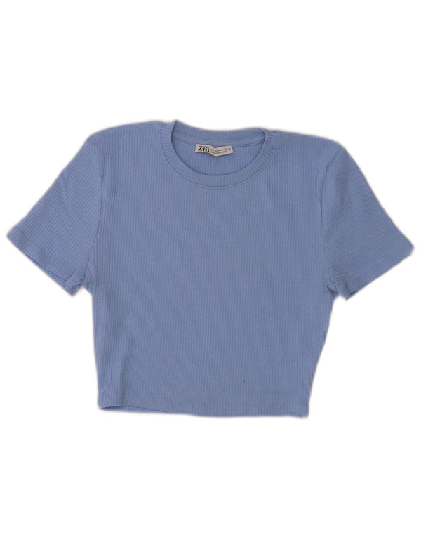 Zara Womens Crop T-Shirt Top UK 12 Medium Blue Cotton