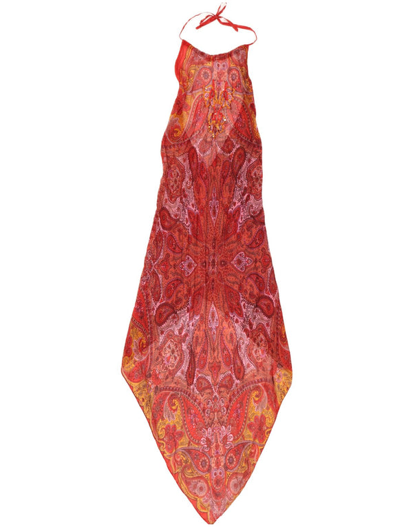 Vintage Dame Halter Asymmetrisk Kjole UK 8 Small Red Paisley Silk