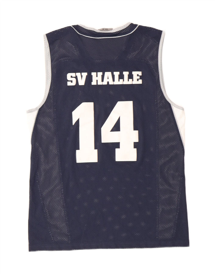 SPALDING Mens Graphic Vest Top Medium Navy Blue Colourblock Polyester Vintage Spalding and Second-Hand Spalding from Messina Hembry 