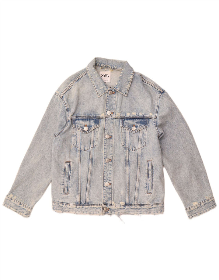 ZARA Distressed denimjakke til mænd UK 38 Medium Blue Cotton