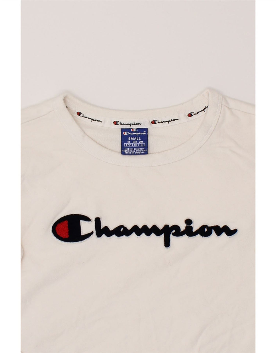 CHAMPION Womens Oversized Crop Graphic Sweatshirt Jumper UK 10 Small White Vintage Champion and Second-Hand Champion from Messina Hembry 