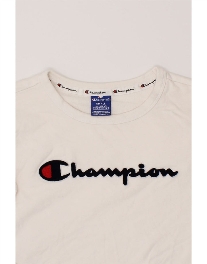 CHAMPION Womens Oversized Crop Graphic Sweatshirt Jumper UK 10 Small White Vintage Champion and Second-Hand Champion from Messina Hembry 