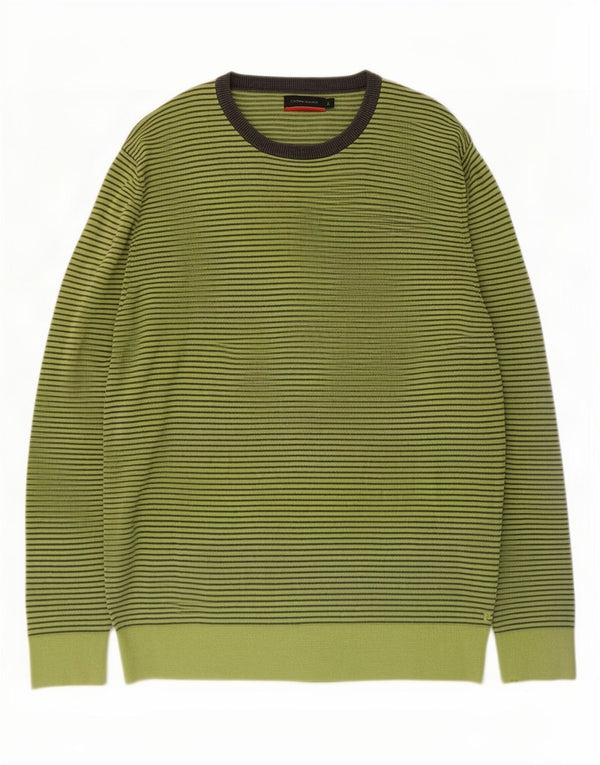 Pierre Cardin Mens Boat Neck Jumper Sweater Large Green Pinstripe Cotton