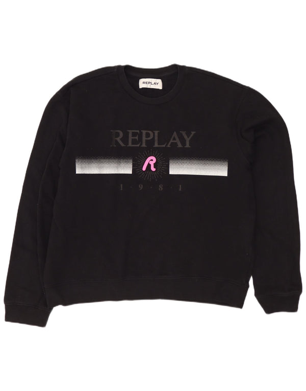 Replay Dame Grafisk Sweatshirt Jumper UK 22 3XL Sort Bomuld
