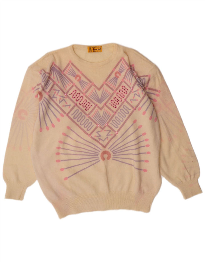 VINTAGE Dame sweater med rund hals DK 16 Stor Off White Geometrisk