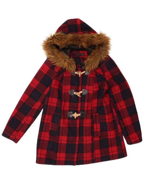 Miss Selfridge Dame Hooded Duffle Jacket UK 10 Small Red Check Wool