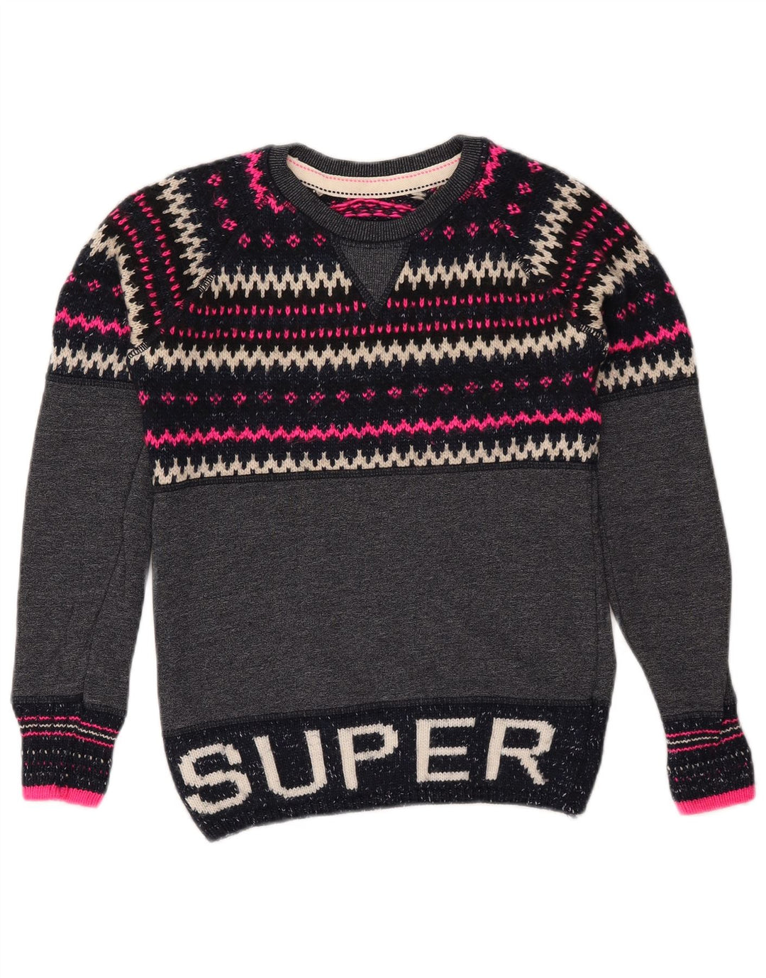 SUPERDRY sweater med rund hals til kvinder UK 6 XS Navy Blue Fair Isle