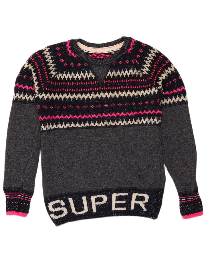 SUPERDRY sweater med rund hals til kvinder UK 6 XS Navy Blue Fair Isle