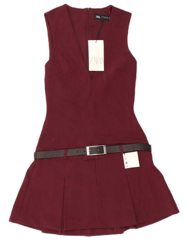 Zara Dame Sleeveless Drop Waist Dress UK 4 XS Burgundy Polyester