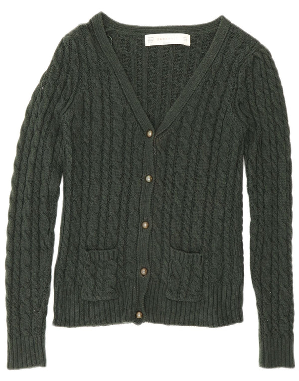Zara Dame Cardigan Sweater UK 12 Medium Green Bomuld