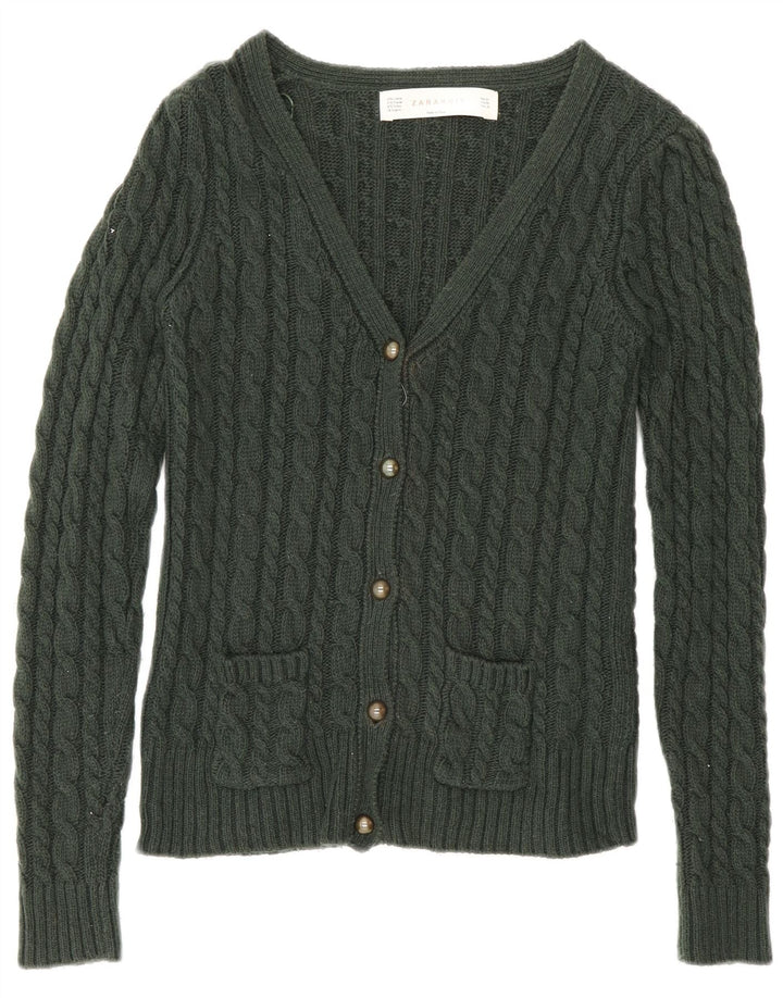Zara Dame Cardigan Sweater UK 12 Medium Green Bomuld