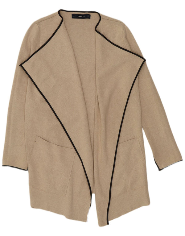 Zara Womens Longline Open Cardigan Sweater UK 10 Small Beige Bomuld