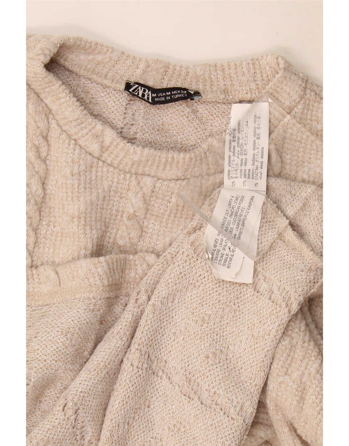 Zara Womens Crop Crew Neck Jumper Sweater UK 12 Medium Beige Polyester