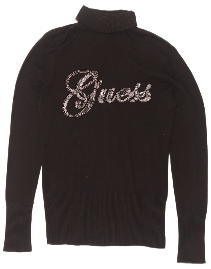 Guess Dame grafisk rullehals sweater UK 12 Medium Black